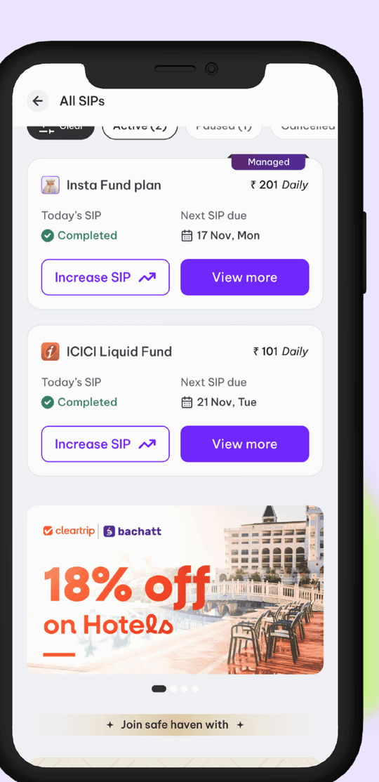 SIP Summary placement on the Bachatt app