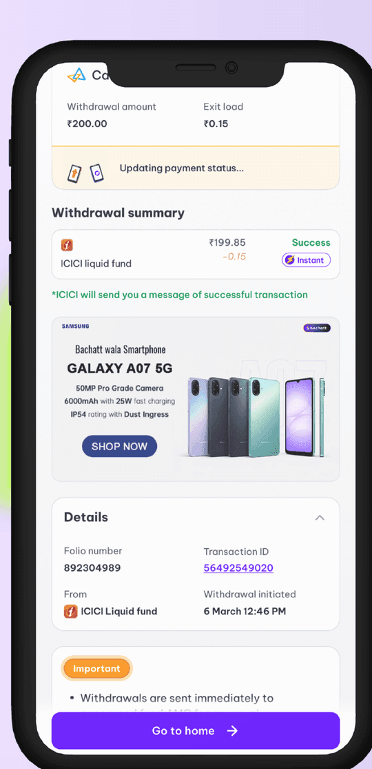 Transaction Summary placement on the Bachatt app